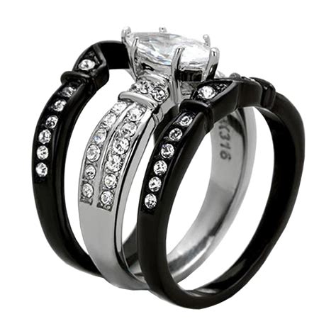 MABELLA His and Hers Wedding Ring Sets Couples Matching Rings Black Women's Stainless Steel ...