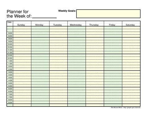 24 Hour Weekly Calendar Template