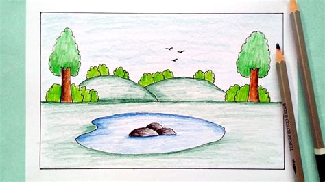 How to Draw Easy Scenery Beautifull Nature | Pond in the Woods - YouTube