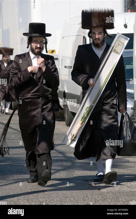 2 Hasidic men in different clothing styles, return from synagogue on the Sukkot holiday. In ...