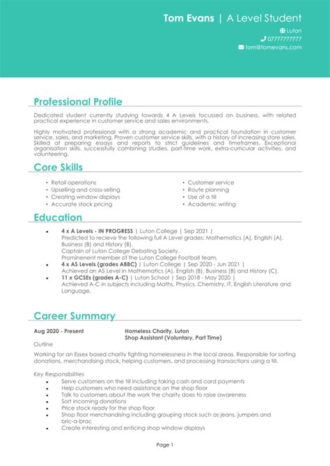 A Level Student Cv Template