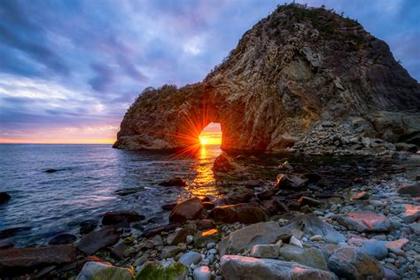 Download Stone Sunset Sunbeam Nature Horizon Ocean Beach Japan Arch HD Wallpaper