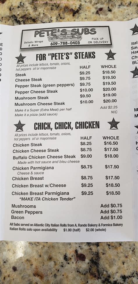 Menu at Pete's Subs restaurant, Egg Harbor Township