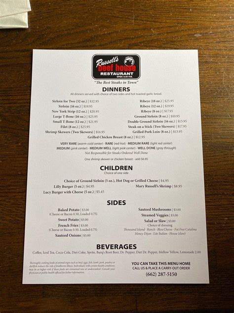 Menu at Russell’s Beef House steakhouse, Corinth