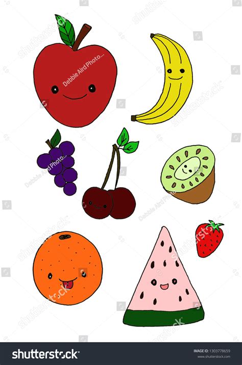 Simple Fruit Drawings Happy Faces Cute Stock Illustration 1303778659 ...