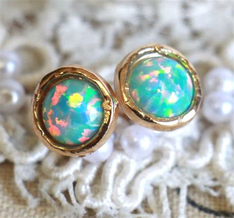 Opal Earrings Opal Stud Earrings Mint Opal Earrings Gold - Etsy