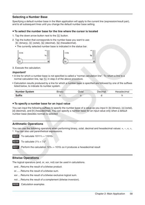 Selecting a number base, Arithmetic operations, Bitwise operations | Casio ClassPad II fx-CP400 ...