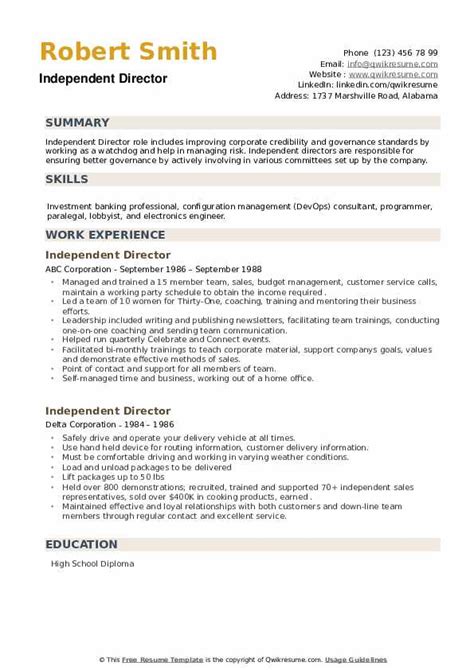 Independent Director Resume Samples | QwikResume