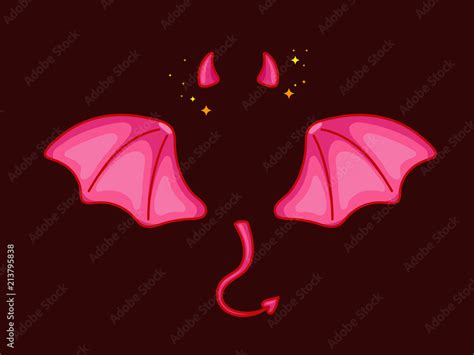 Devil wings with horns and tail. Cute cartoon style with volume. Little ...