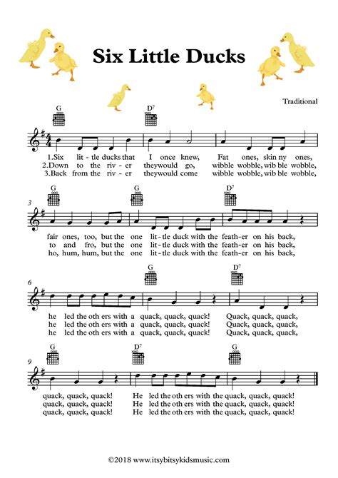 Six little ducks that i once knew | Sheet Music With Chords And Lyrics