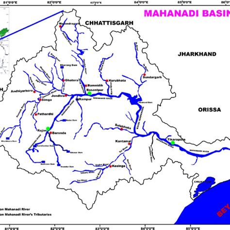 Map showing detailed view of Mahanadi River, its tributaries, and ...