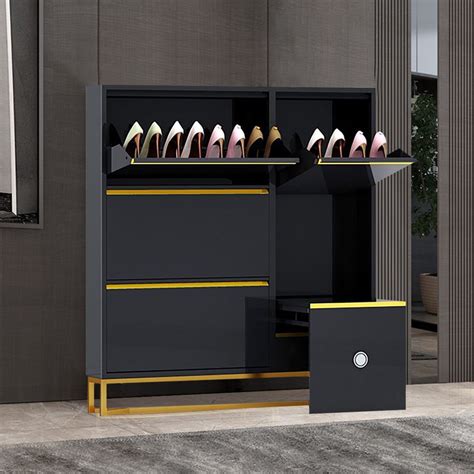 Black Narrow Shoe Storage Cabinet with Bench 14-Pair 5.9"D Freestanding