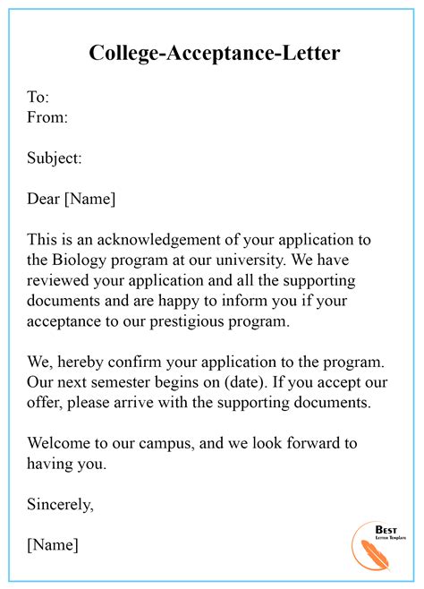 College Acceptance Letter Template – Format, Sample & Examples | Best Letter Template | College ...