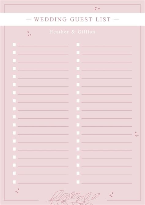 Free Elegant Pink Wedding Guest List template