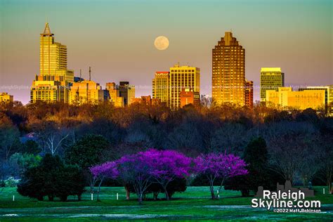 Spring full moon rising over downtown Raleigh from Dorothea Dix Park ...