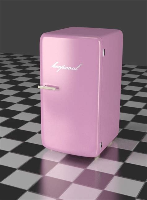 a pink refrigerator sitting on top of a checkered floor