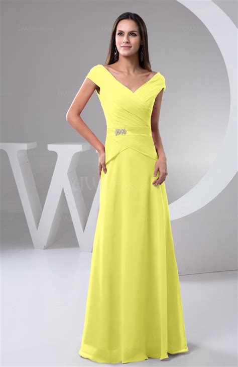 Pale Yellow Chiffon Bridesmaid Dress with Sleeves Short Sleeve Outdoor Chic Autumn - UWDress.com