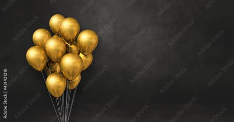 Gold balloons bunch on a black wall background. Horizontal banner ...