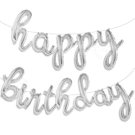 Buy Silver Happy Birthday Balloons Banner | Script / Cursive Gold ...