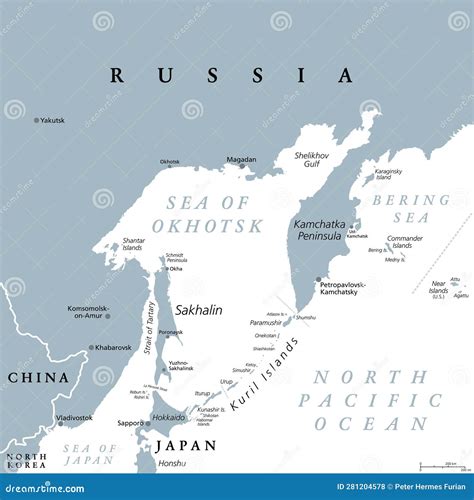 Sea of Okhotsk, a Marginal Sea of the Pacific Ocean, Gray Political Map ...