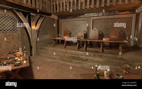 3D illustration medieval castle great hall interior Stock Photo - Alamy