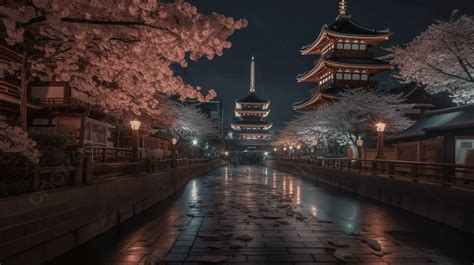 Night Scene Of Kyoto With Cherry Blossom Trees Background, Cherry Blossoms And Higashi Honganji ...