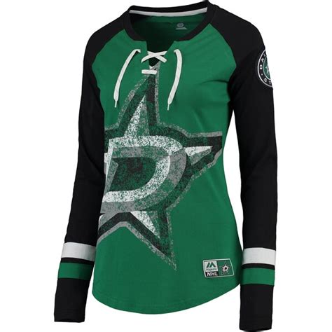 Women's Dallas Stars Majestic Green Vintage Hip Check Lacer Long Sleeve ...