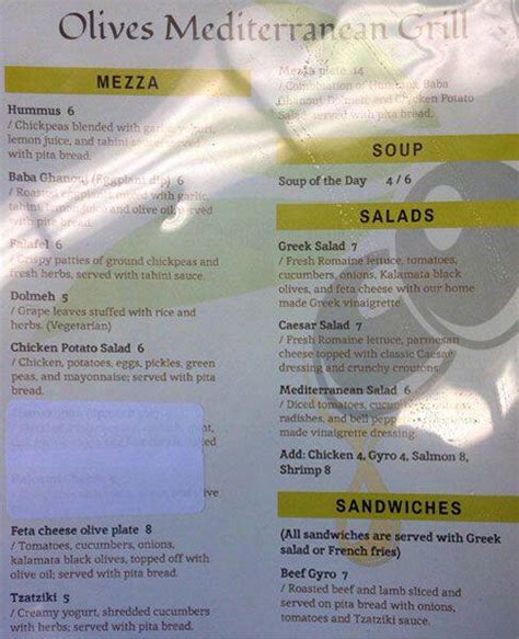 Menu at Olives Mediterranean Grill restaurant, Arlington