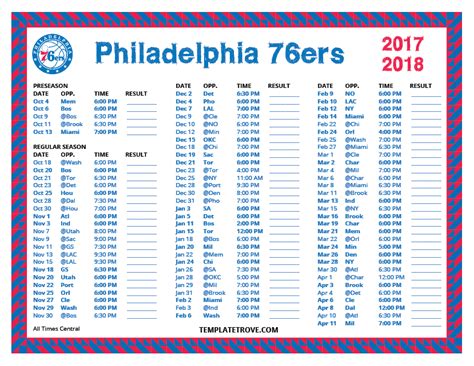 Printable 2017-2018 Philadelphia 76ers Schedule