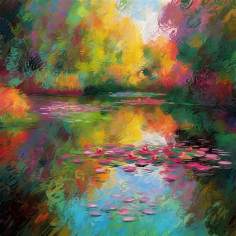 Premium AI Image | A painting of a pond with a lily pad and the word " on it