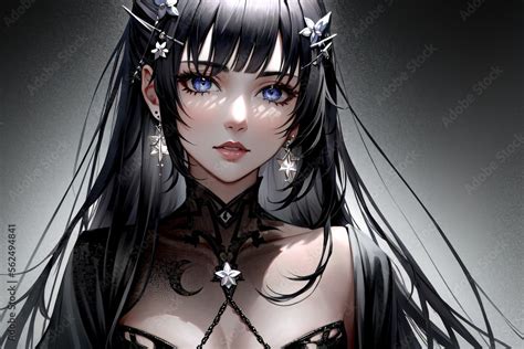 anime girl with black hair and blue eyes and a black dress Stock Illustration | Adobe Stock