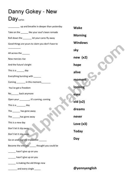 Danny Gokey - New Day Lyrics - ESL worksheet by yennyenglish