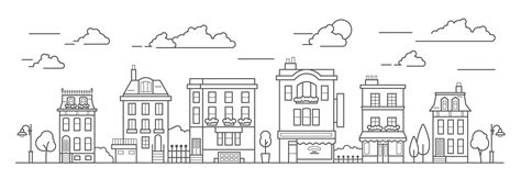 Landscape in line art style. Outline street with houses, building, tree and clouds. Cafe ...