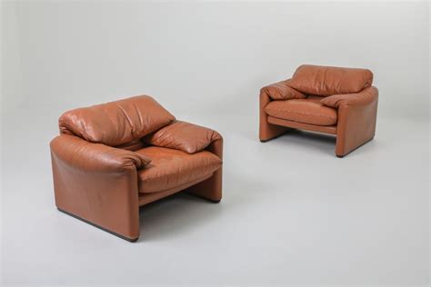 Maralunga Cognac Leather Club Chairs by Vico Magistretti for Cassina, 1974 at 1stDibs