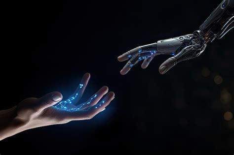 Premium Photo | Robot hand touching human hand on dark background 3d ...