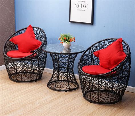 Buy Black Rattan And Wicker 2 Seater Set With Table And Red Cushions Online in India at Best ...
