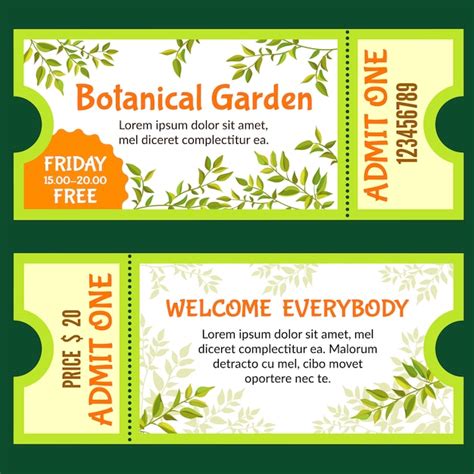 Premium Vector | Botanical garden tickets template with tropical plants.