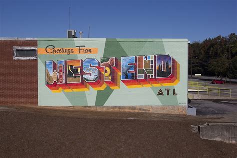 Greetings Tour street art mural that says Greetings from West End ATL outdoor mural walls ...