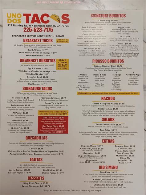 Menu at Uno Dos Tacos restaurant, Denham Springs