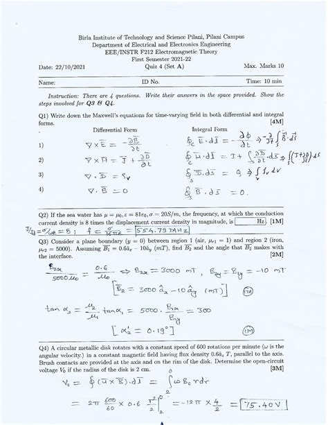 Electro Magnetic Theory (EEEF212) 2020-21 Quiz 4 Paper with Solution - Electromagnetic Theory ...