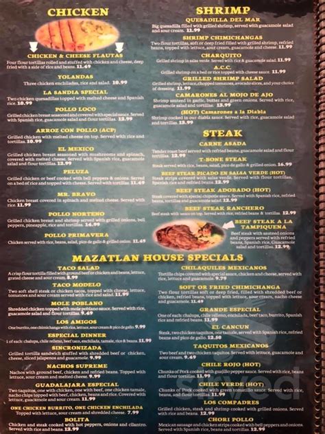 Mazatlan Mexican Restaurant menu in Henderson, North Carolina, USA