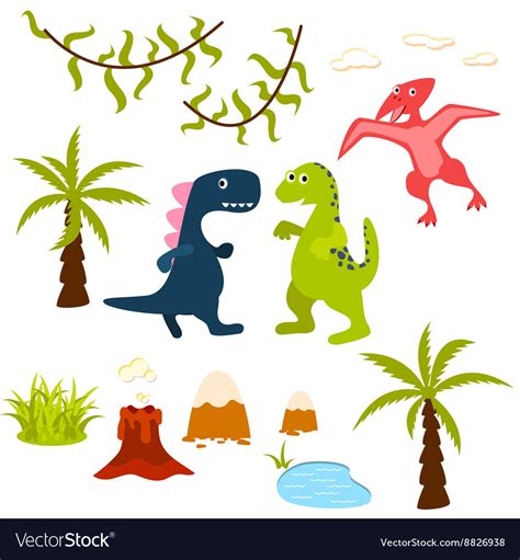 Dinosaur and jungle tree clipart set Royalty Free Vector