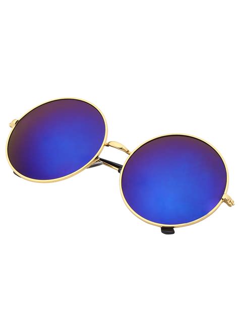 Blue Mirrored Lenses Retro Round Sunglasses -SheIn(Sheinside)