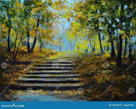 Oil Painting - Autumn Forest Stock Illustration - Illustration of drawing, color: 75870272