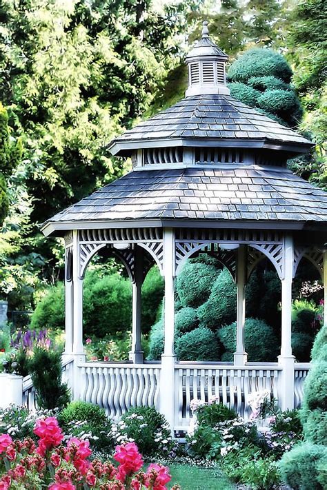 White Gazebo In Garden Paradise by Tracie Kaska in 2021 | White gazebo, Gazebo, Round gazebo