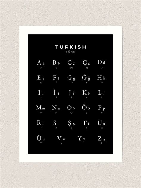 "Turkish Alphabet Chart, Turkey Language Chart, Black" Art Print by ...