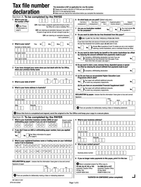 Tax File Number Declaration Forms - Printable Form, Templates and Letter