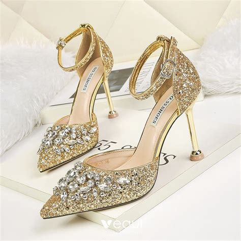 Sparkly Gold Wedding Shoes 2019 Ankle Strap Rhinestone Sequins 9 cm ...