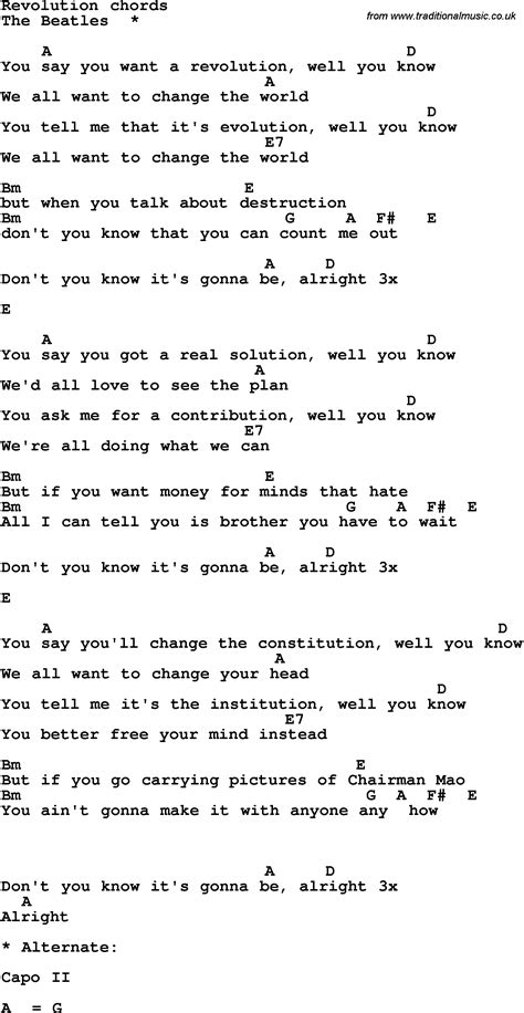 Song lyrics with guitar chords for Revolution - The Beatles