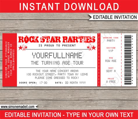 Rock Star Party Ticket Invitation | Concert Ticket | Printable Template